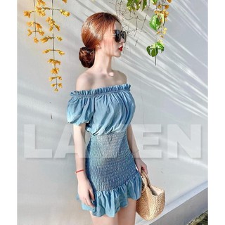 Đầm xanh trễ vai đuôi cá chạy chỉ
