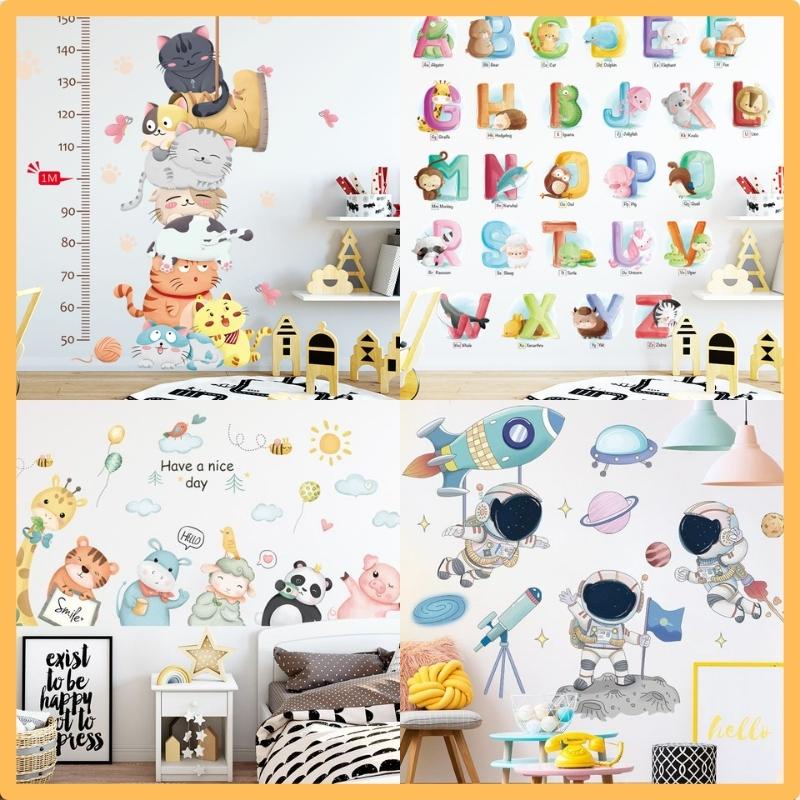 Decal dán tường cho bé, hình dán tường con vật thước đo bảng chữ cái trang trí phòng ngủ