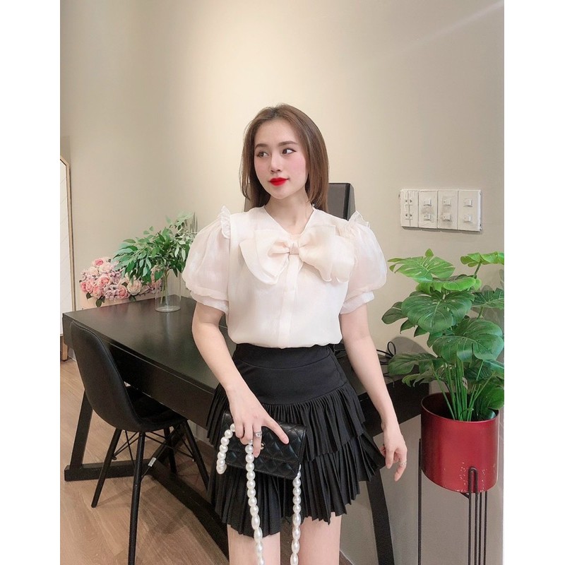 Áo sơ mi nơ cộc tay lụa óng