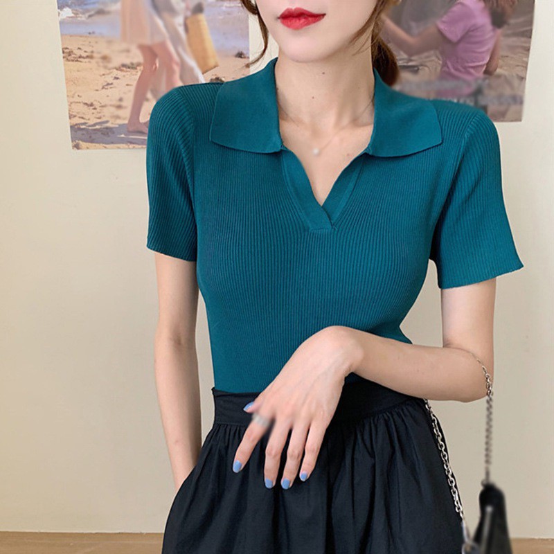 Áo Thun Dệt Kim Cổ Chữ V Tay Ngắn Màu Trơn Thanh Lịch