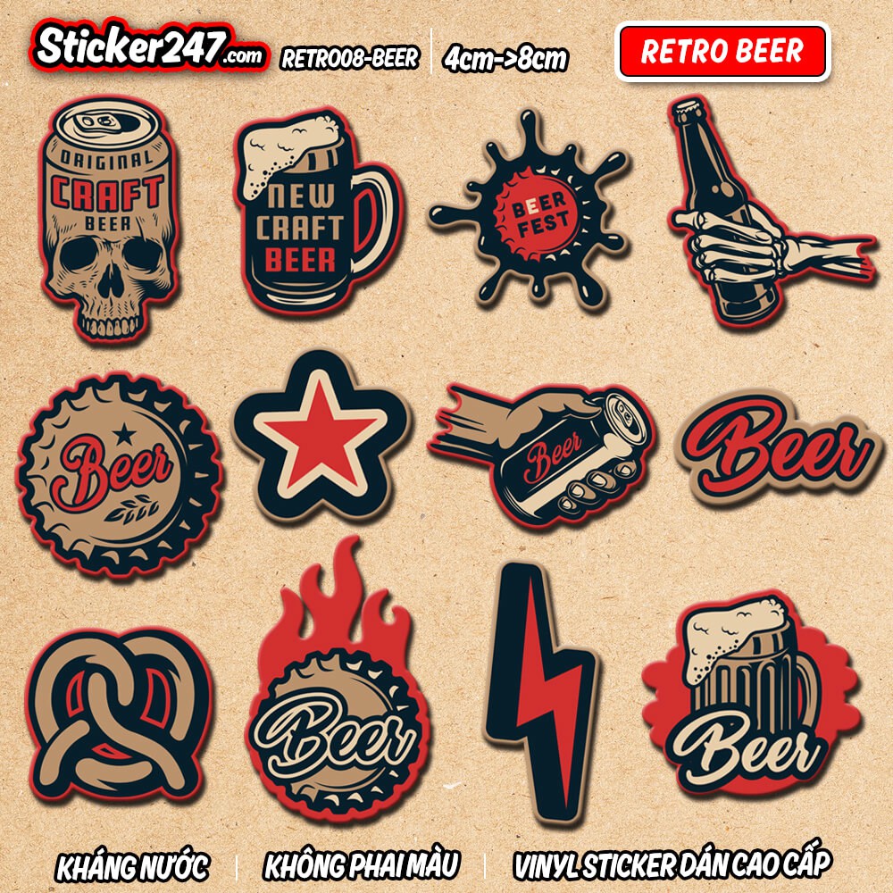 Sticker Retro Beer 🌈𝑭𝒓𝒆𝒆𝒔𝒉𝒊𝒑 độc đẹp, chống nước sticker dán laptop, điện thoại, đàn guitar, dán mũ bảo hiểm, vali...