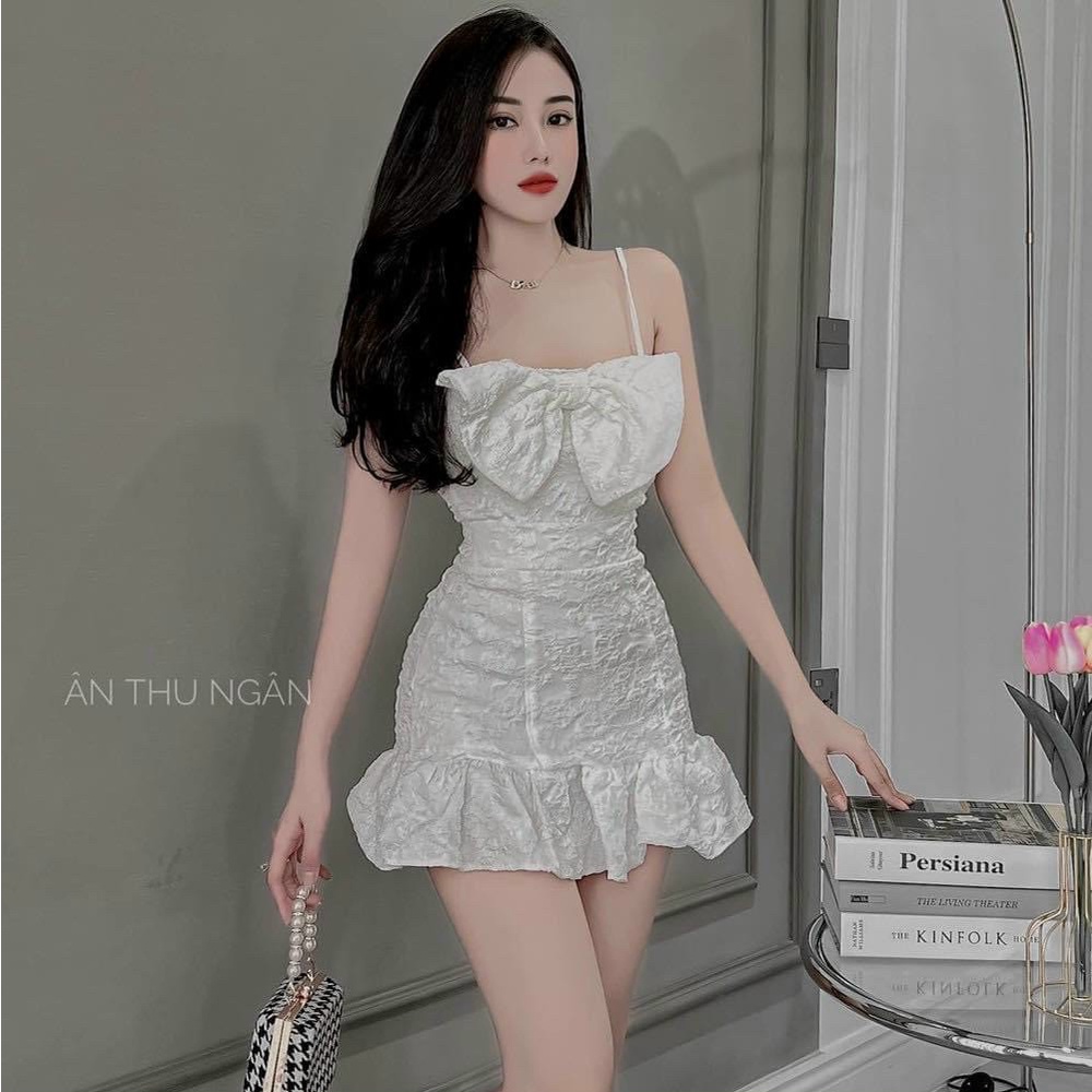 Đầm Hai 2 Dây Nơ To Đuôi Cá Chất Gấm Mềm