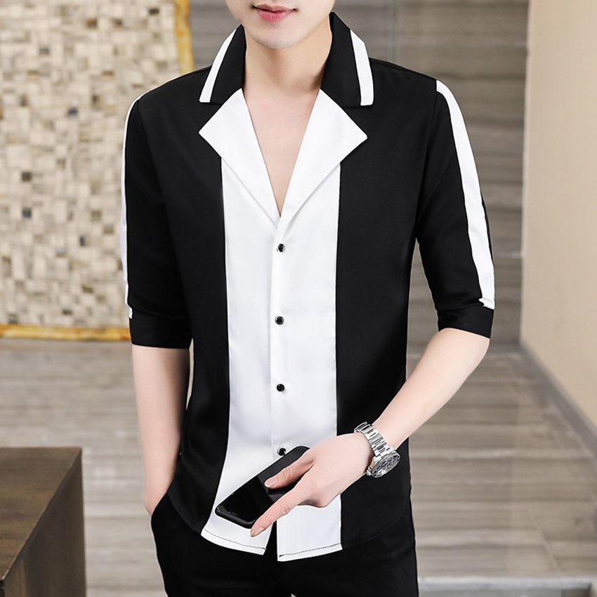 Sơ mi nam, Áo sơ mi nam tay lỡ 3/4 chất liệu cotton phối 2 màu chủ đạo đen trắng sang trọng đẳng cấp mã N12