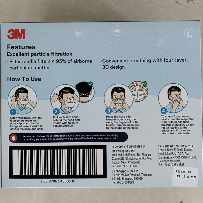 Hộp 45 chiếc khẩu trang chính hãng 3M 9513 KN95 Singapore, màu trắng_Chính hãng Mask3M