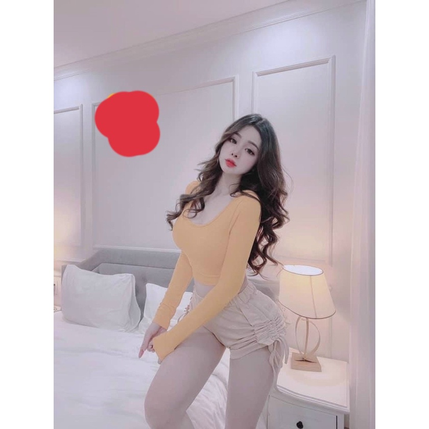 Sét bộ áo tay dài croptop trơn phối quần rút dây 2 bên cực xinh , chất thun gân mềm mịn