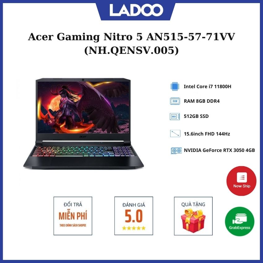 Laptop Acer Gaming Nitro 5 AN515-57-71VV (NH.QENSV.005)(i7 11800H/8GB Ram/512GB SSD/RTX3050 4G/15.6 inch FHD 144Hz/Win11