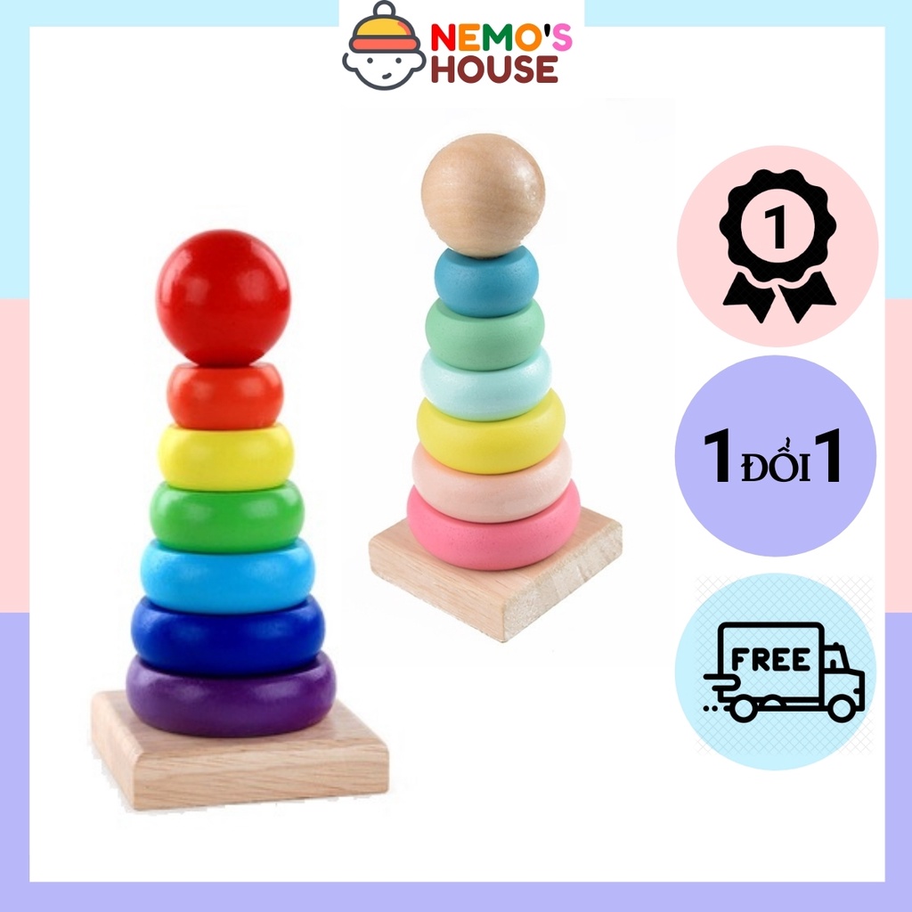 Đồ chơi gỗ tháp cầu vồng size nhỏ cho bé, ghép hình vòng gỗ 7 màu, tháp xếp chồng vòng tròn cho trẻ phát triển tư duy