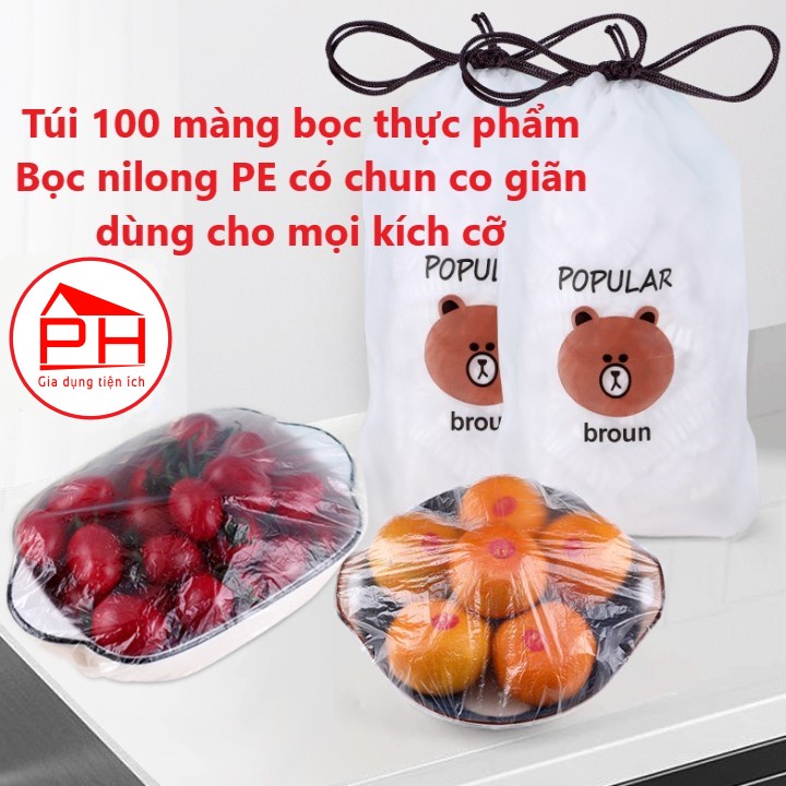 Túi 100 MÀNG BỌC THỰC PHẨM trái cây nhựa PE trong suốt an toàn vệ sinh có chun co giãn tiện lợi - Gia dụng Phước Hòa