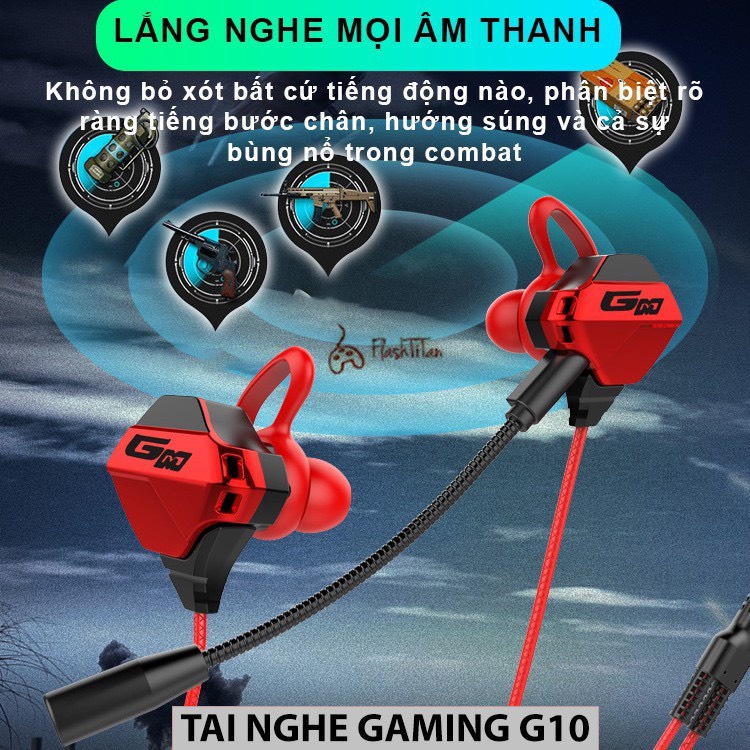 Tai Nghe Gaming Nhét Tai Có Dây G10 Cao Cấp Chống Ồn Dùng Cho Cả Máy Tính, Điện Thoại, Có Mic Rời Xoay 360