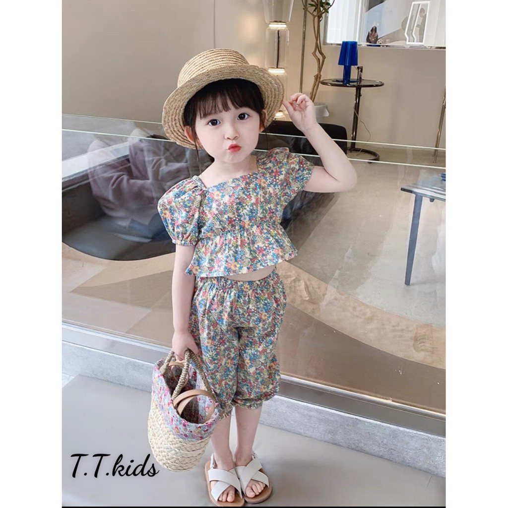 set bánh bèo bé gái, set quần áo bé gái họa tiết, bộ đồ bé gái