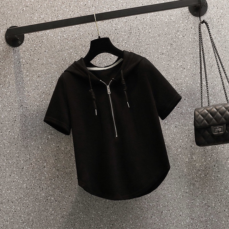 Áo Thun Cotton Tay Ngắn Có Nón Và Dây Kéo Size Lớn Thời Trang Cho Nữ
