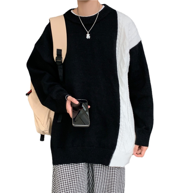 Áo sweater tay dài cổ tròn dáng rộng màu sắc tương phản phong cách Hàn Quốc cho nam size M-2XL
