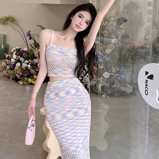 Set Áo Hai Dây + Chân Váy Lưng Cao Co Giãn Họa Tiết Màu Nhuộm Phong Cách Hàn Quốc Thời Trang Cho Nữ