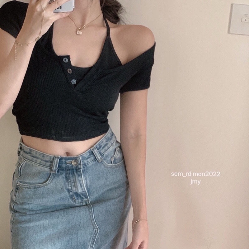 Áo croptop nữ ngắn tay cổ giả yếm ôm body Vạt Bầu Chất Thun Gân Mềm Mịn