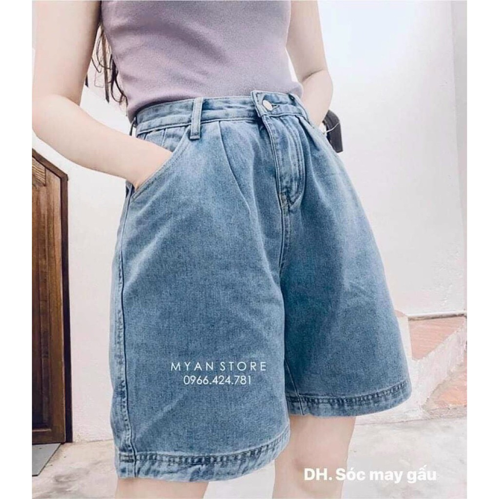Quần Short Jean Nữ Trơn Cạp Cao Dáng Rộng Chất Quần Bò Dày Dặn
