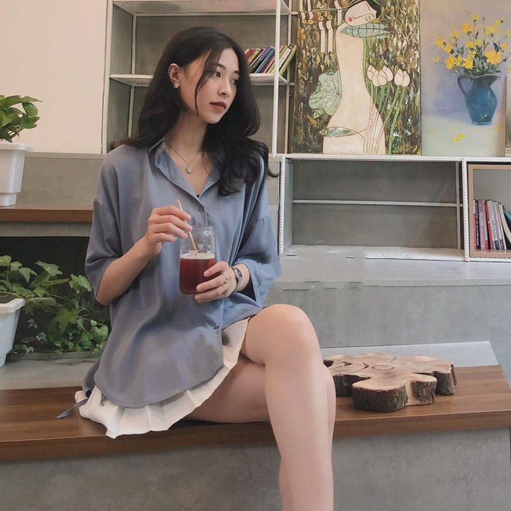 Áo sơ mi nữ phom rộng rút dây sườn hottrend phong cách vintage hàn quốc trẻ trung năng động chất đũi mát