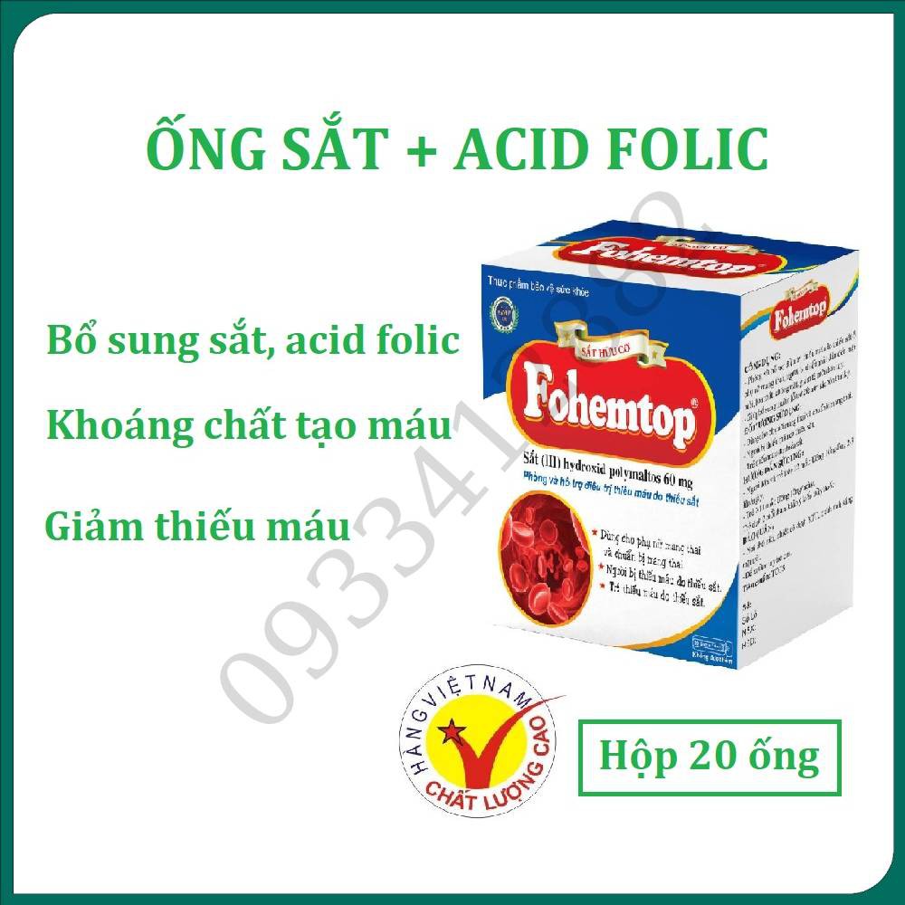 Fohemtop dạng ống - Bổ sung sắt, acid folic, giảm thiếu máu do thiếu sắt - hộp 20 ống 10ml Hàng Chính Hãng Công Ty