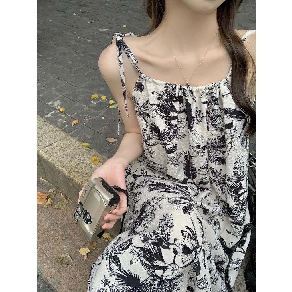 Đầm Hai Dây Xếp Ly In Họa Tiết Phong Cách Retro Hàn Quốc 63070