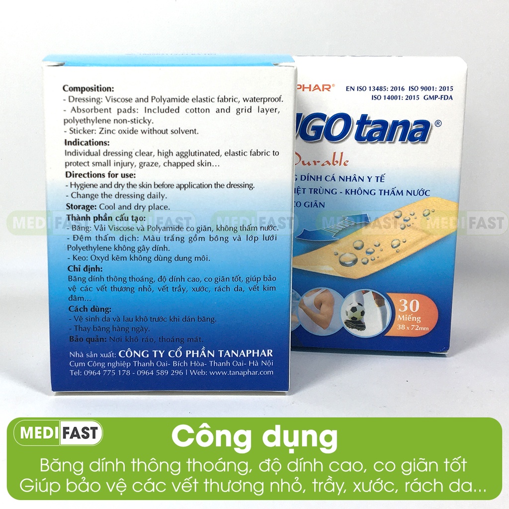 Băng dính cá nhân y tế Ugotana - Hộp 30 miếng - Băng dính cá nhân số 1 sản xuất tại Việt Nam