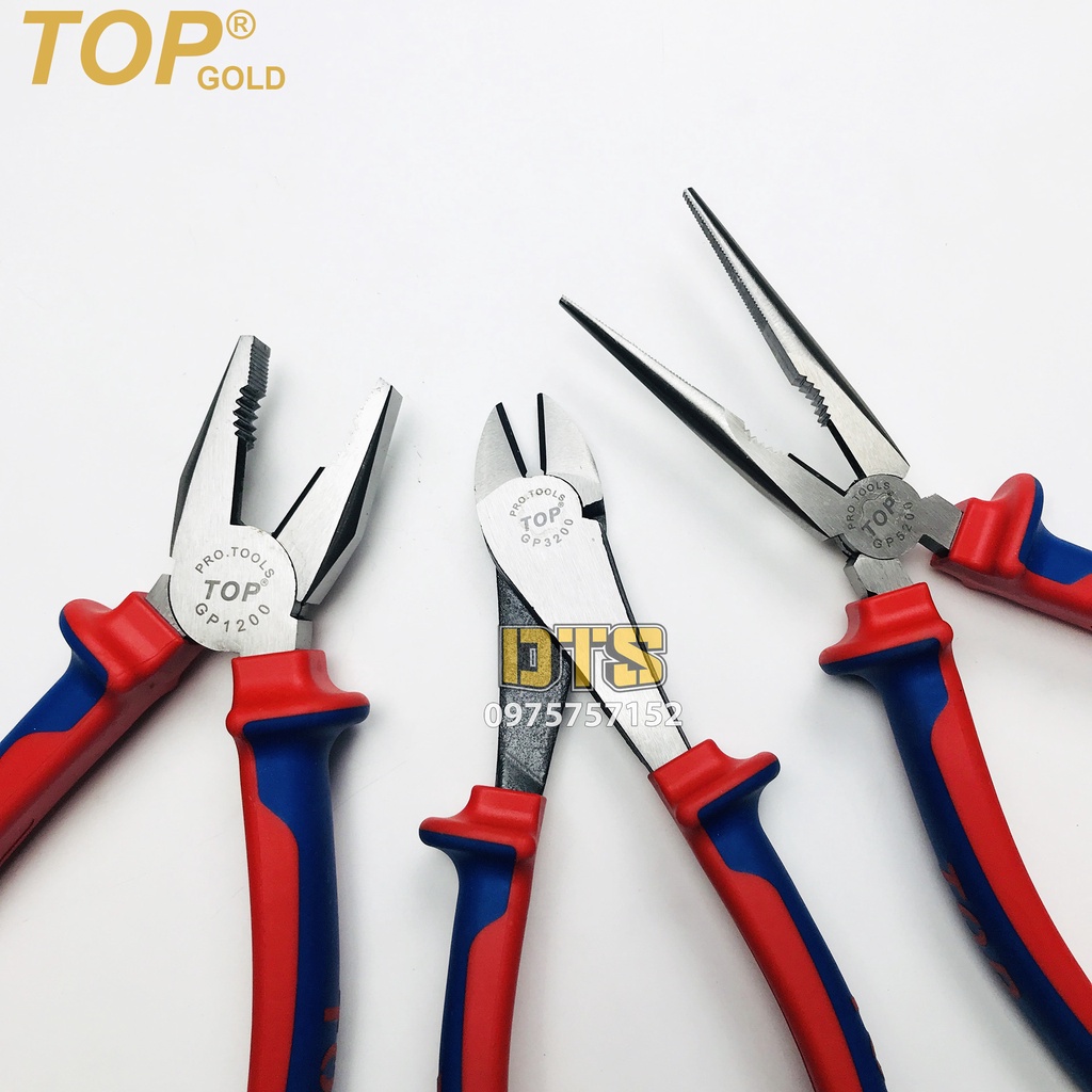 Kìm điện - cắt - nhọn trợ lực chuyên nghiệp 200mm TOP GOLD, thép Hi-Cr cao cấp, thiết kế cộng lực tiết kiệm 50% lực bấm