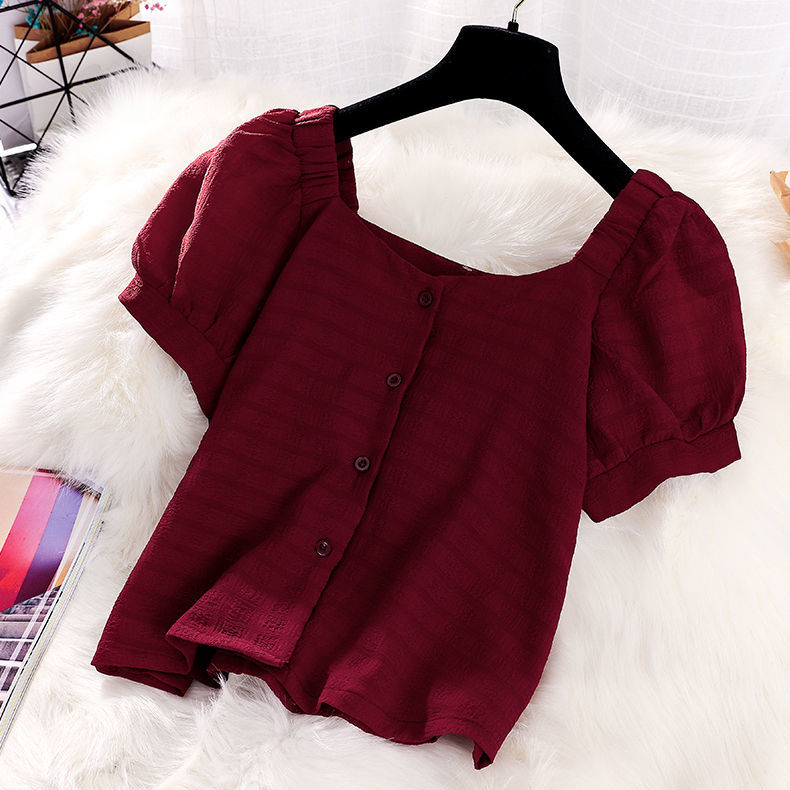 French bubble sleeve blouse square collar short sleeves