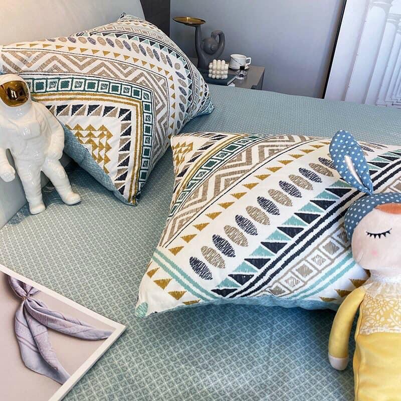 Bộ Chăn Ga Gối Cotton Living Thổ Cẩm Xanh Mint Hot Hit - Chất Liệu 100% Cotton
