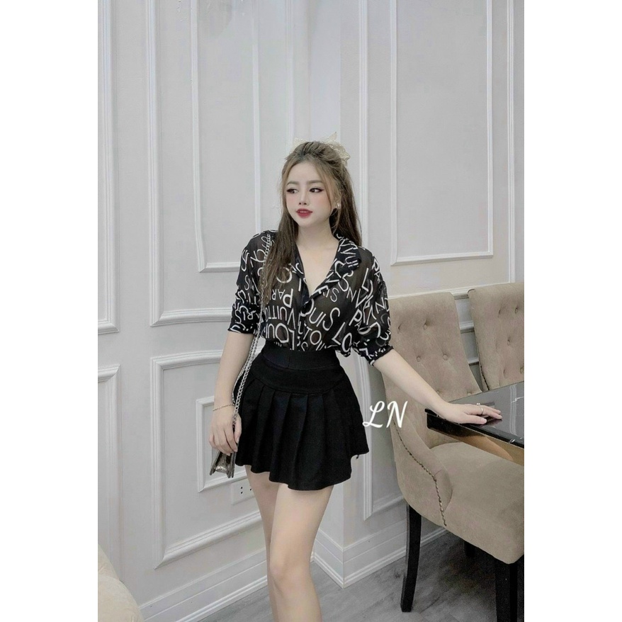 Áo sơ mi lụa màu đen họa tiết chữ trắng, áo sơ mi tay dài cài nút , sơ mi nữ trẻ trung kiểu đẹp T-FASHION 24H SM08