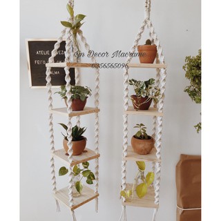 Kệ Gỗ Treo Tường Macrame Màu Trắng Kem 4 Tầng Decor Trang Trí Nhà Cửa