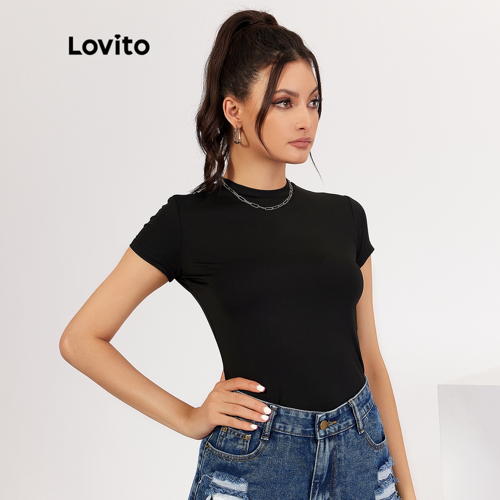 【Gợi ý từ KOL】Áo liền quần Lovito màu trơn cổ tròn thiết kế đơn giản phong cách thường ngày L18X149 (Màu đen) | BigBuy360 - bigbuy360.vn