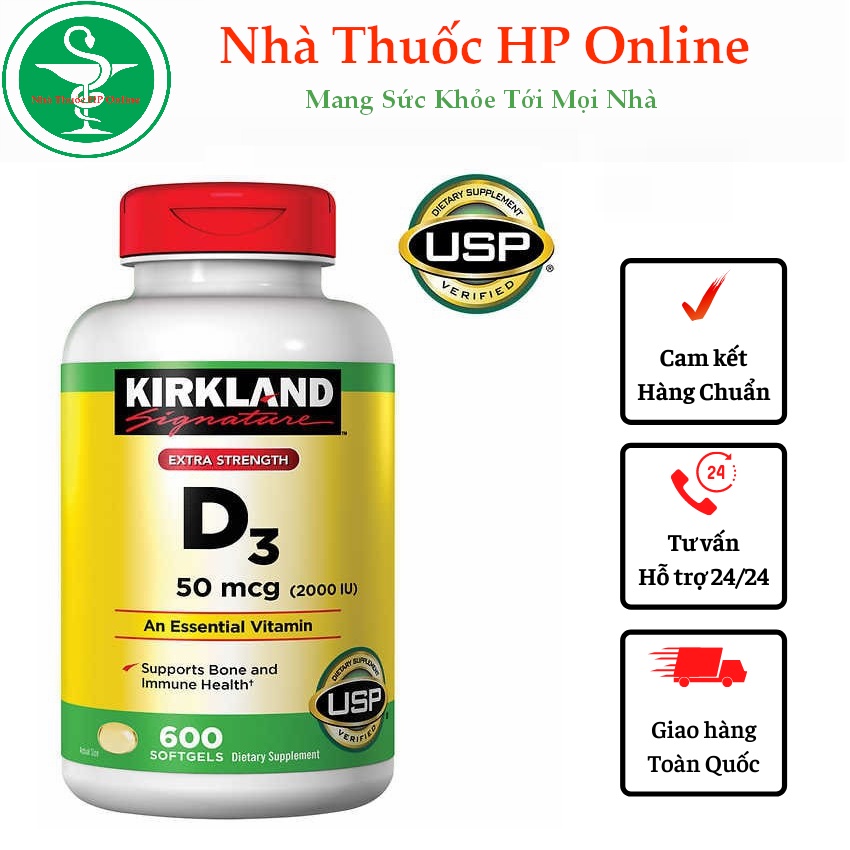 Vitamin D3 Kirkland Extra Strength D3 50mcg 600 viên của Mỹ - Tăng cường sức khỏe của xương răng, cơ, tăng miễn dịch