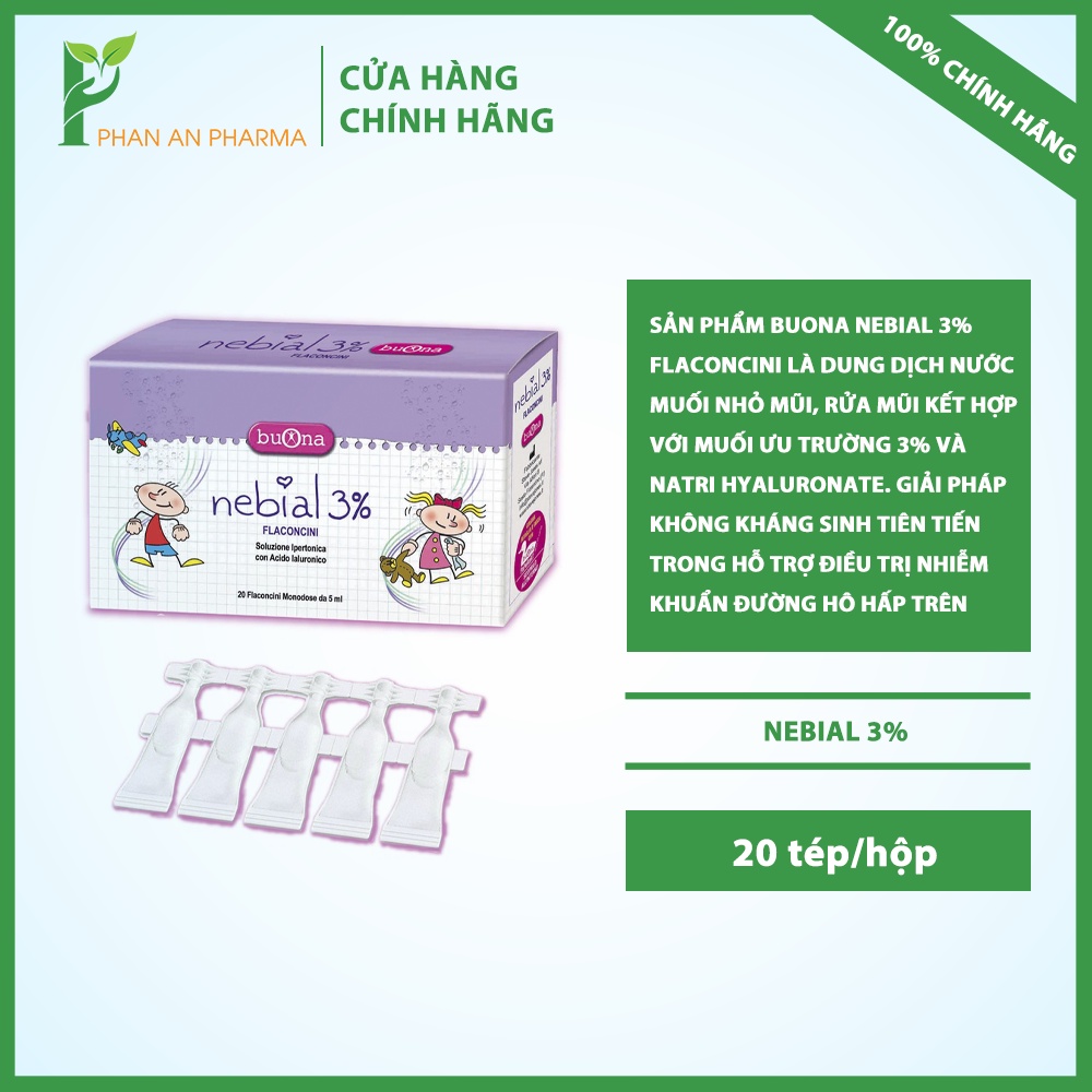 Dung dịch nhỏ mũi Nebial 3% Flaconcini, loãng dịch mũi, giảm sổ mũi, nghẹt mũi, hộp 20 ống đơn liều 5ml