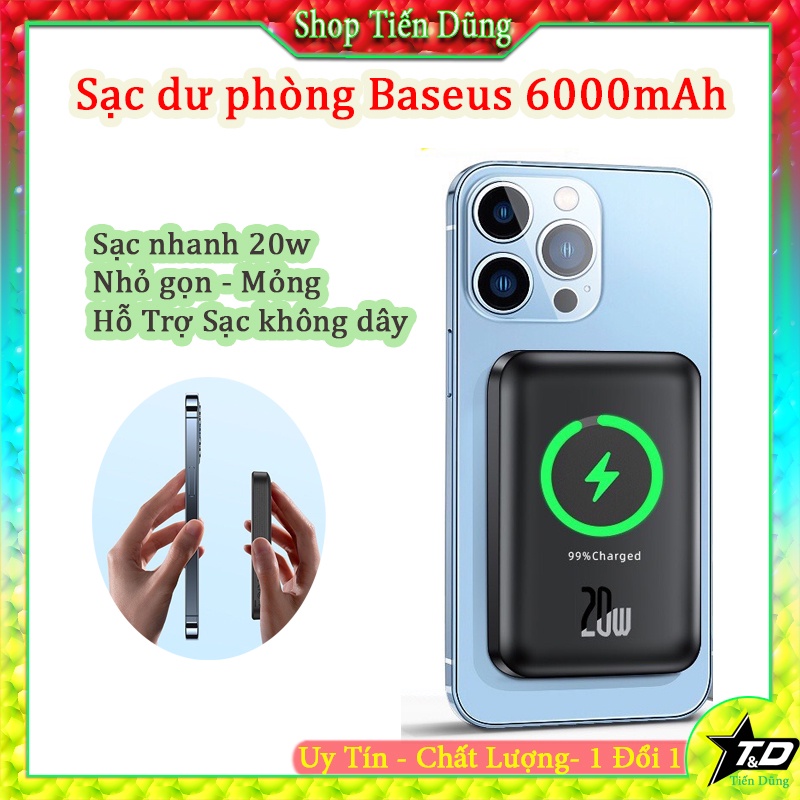 Pin Sạc Dự Phòng Không Dây Baseus Từ Tính Cho Điện Thoại Dung Lượng 6000mAh Sạc Nhanh 20W Vỏ Silicon An Toàn Bền Đẹp