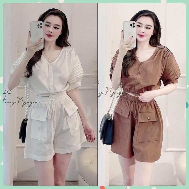 Set áo CropTop cổ tim tay phồng Chất Đũi Mềm Min Mát, Quần short Nữ Cạp Chun Túi Hộp Cao Cấp