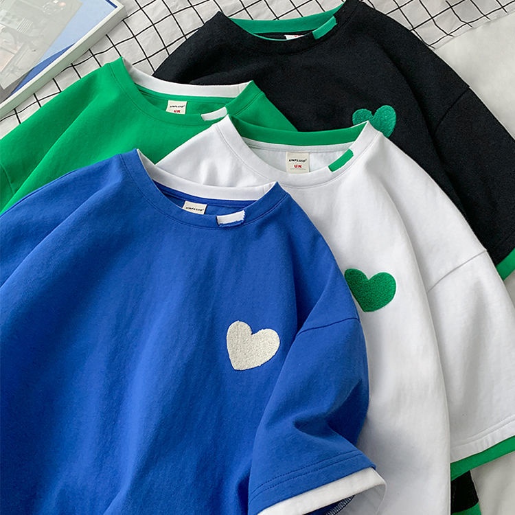 Áo Thun Tay Ngắn Giả Hai Lớp Thêu Họa Tiết Trái Tim Thời Trang Mùa Hè Dành Cho Bạn Gái