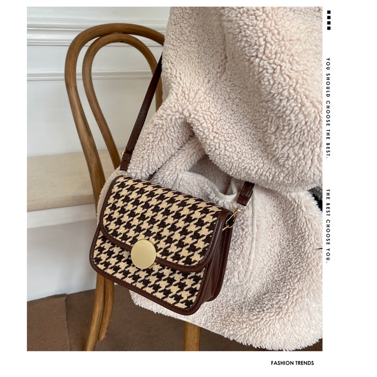 Túi đeo vai JASMIN NOIR bằng len in họa tiết houndstooth phong cách cổ điển thời trang cho nữ