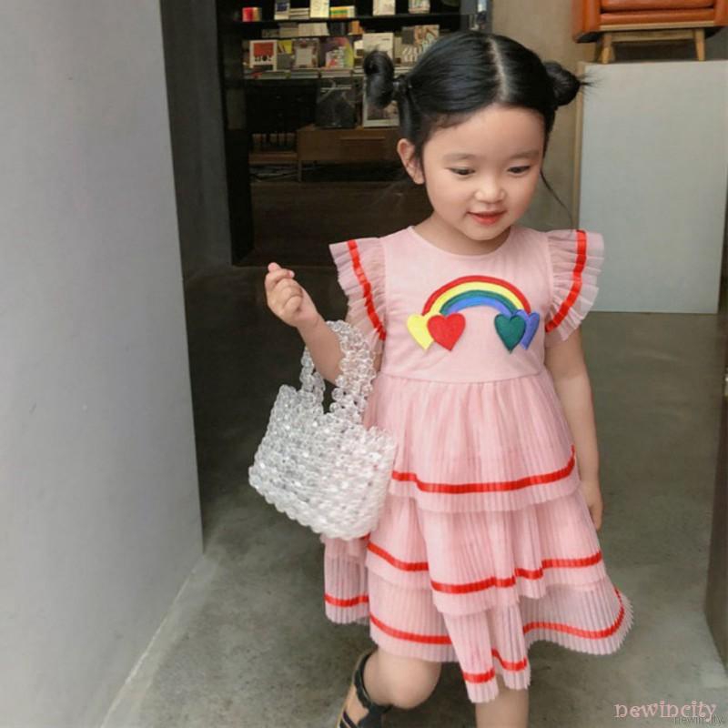 Đầm cho bé gái phối bèo thêu họa tiết cầu vồng xinh xắn