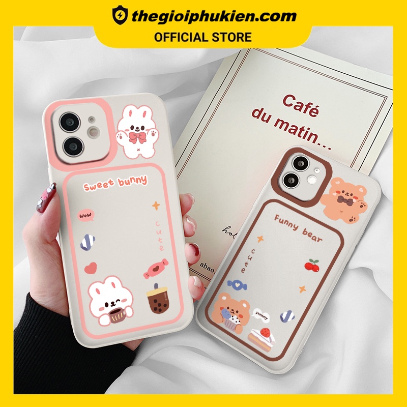 Ốp iphone - Ốp lưng iphone cạnh vuông viền camera Thỏ gấu đeo nơ dành cho ip 6 đến 14promax - g100