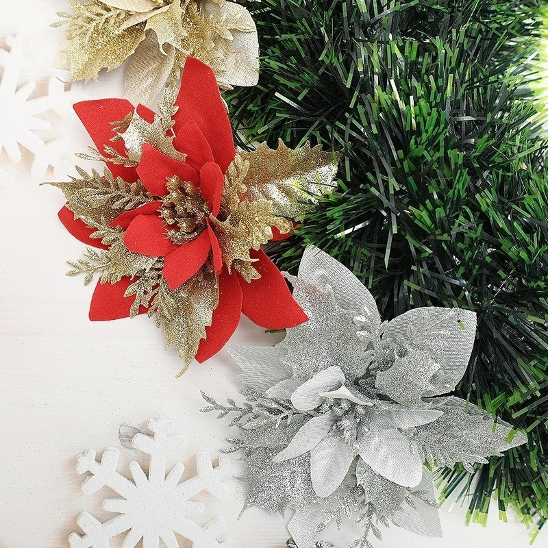 Bộ 5 Bông Hoa Đầu To 14cm Lấp Lánh Trang Trí Cây Thông Giáng Sinh / Năm Mới DIY