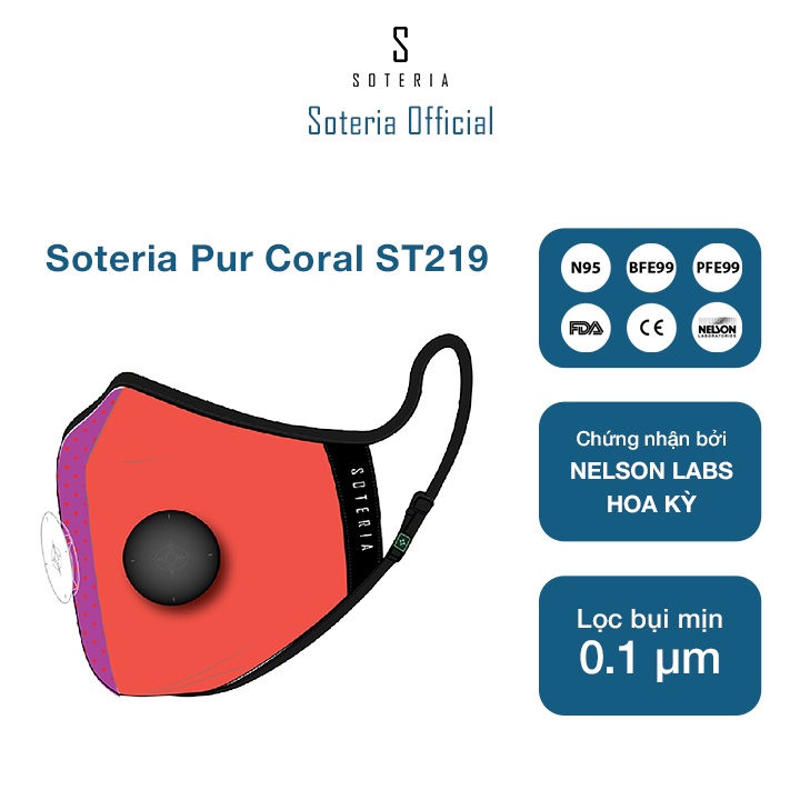 Khẩu trang tiêu chuẩn Quốc Tế SOTERIA Pur Coral ST219 - Bộ lọc N95 BFE PFE 99 lọc đến 99% bụi mịn 0.1 micro- Size S,M,L
