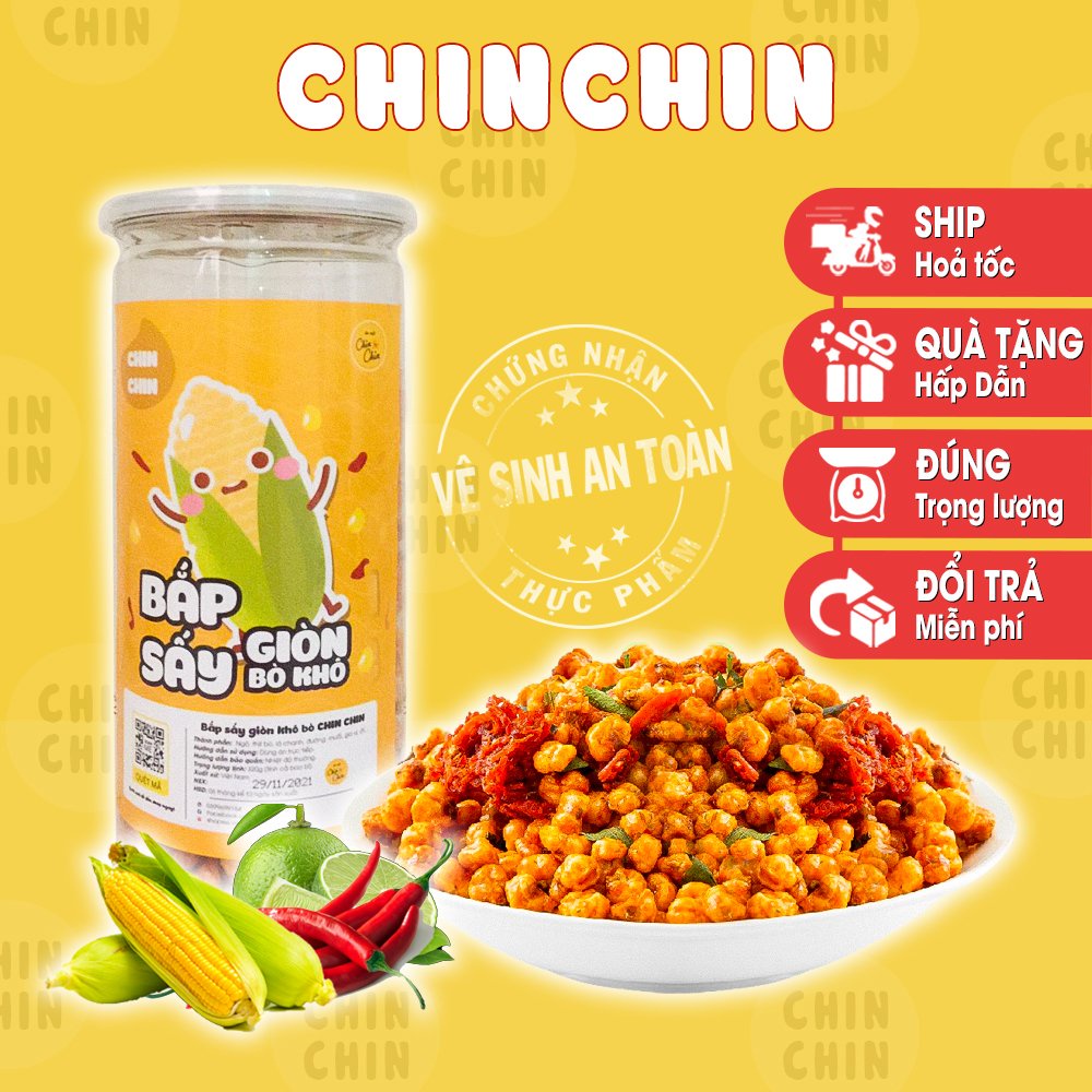 Ngô cay sấy giòn bò khô lá chanh 320g ChinChin, đồ ăn vặt Hà Nội giao hàng hoả tốc trong 1h