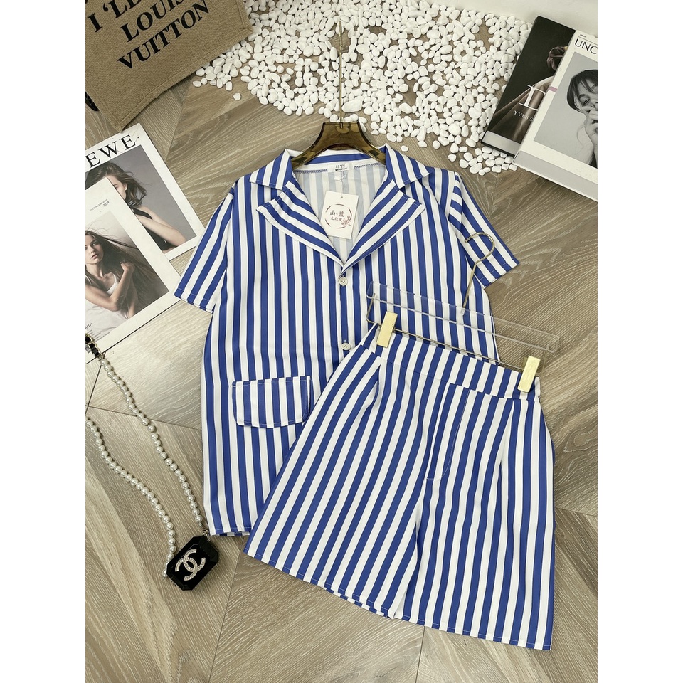 Set bộ sơ mi đùi kẻ vest xanh siêu cá tính đồ bộ nữ cá tính TH592