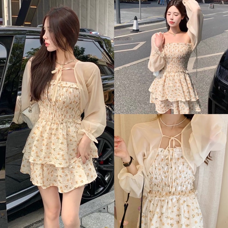 Set Váy Quay Hoa Nhí Xoè Tầng Kèm Áo Khoác Cadigan Tơ (hình thật) Set Xinh Nhẹ Nhàng Tiểu Thư