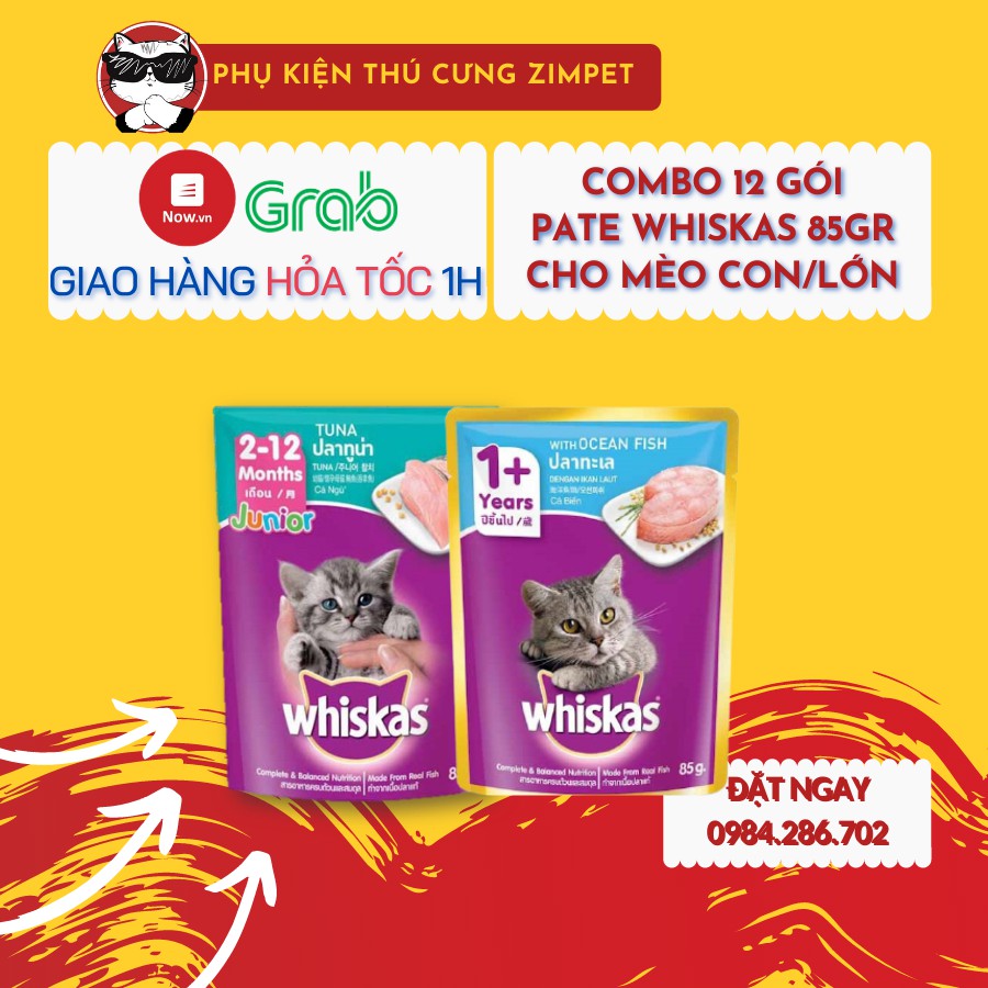 Combo 12 gói pate Whiskas cho mèo - Pate ăn liền cho mèo - Pate Whiskas gói 85g các vị