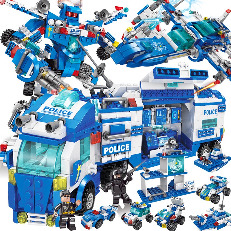 [700 chi tiết] Đồ chơi lego lắp ráp lego xe cảnh sát s.w.a.t và mô hình lắp ghép lego robot xanh dương