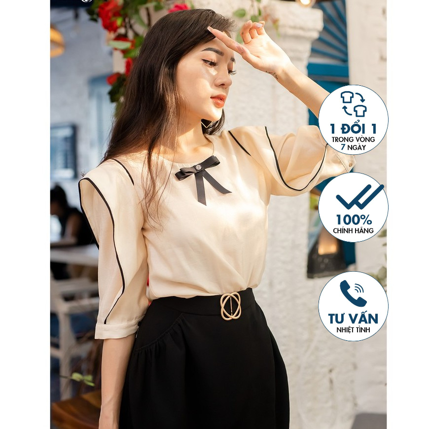 Áo Sơ mi cổ tròn đính nơ cổ, bèo tay áo Emspo SMM2607