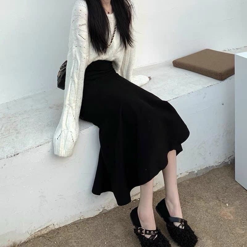 Chân váy đuôi cá cạp cao dáng dài chất tuyết mưa màu đen
