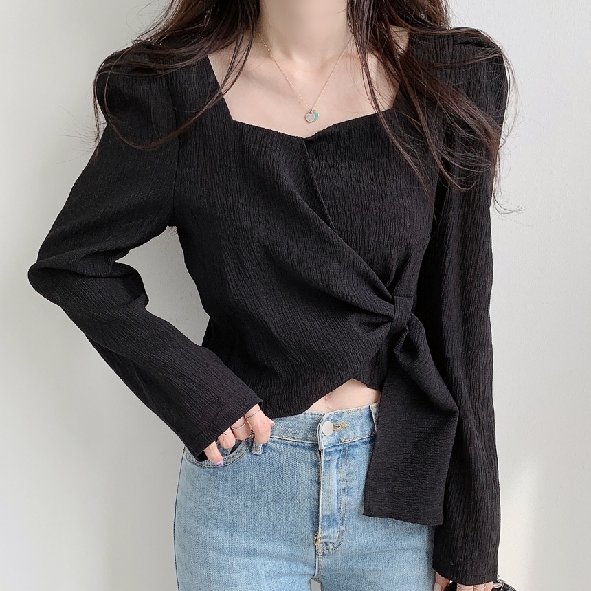 Áo kiểu SUXI tay dài cổ vuông dáng rộng phong cách vintage thời trang cho nữ