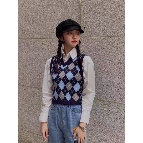 Áo Gile Len Nữ 🦋HOT TREND🦋 Áo Len Sát Nách Kẻ Ô Trám Xanh Phong Cách Vintage