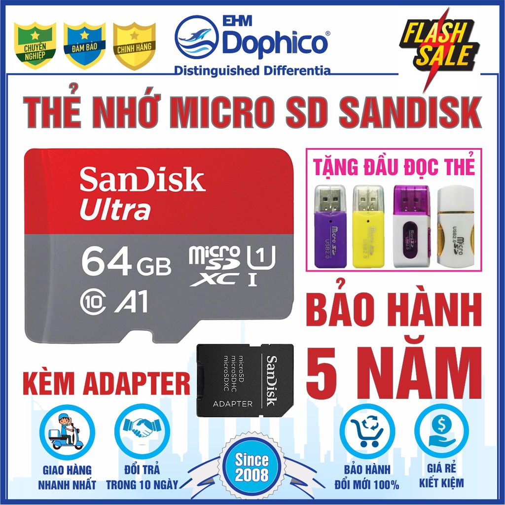 Thẻ nhớ SanDisk 64GB/32GB - MircoSD Class10 – Chính Hãng – Bảo hành 5 năm – Kèm Adapter