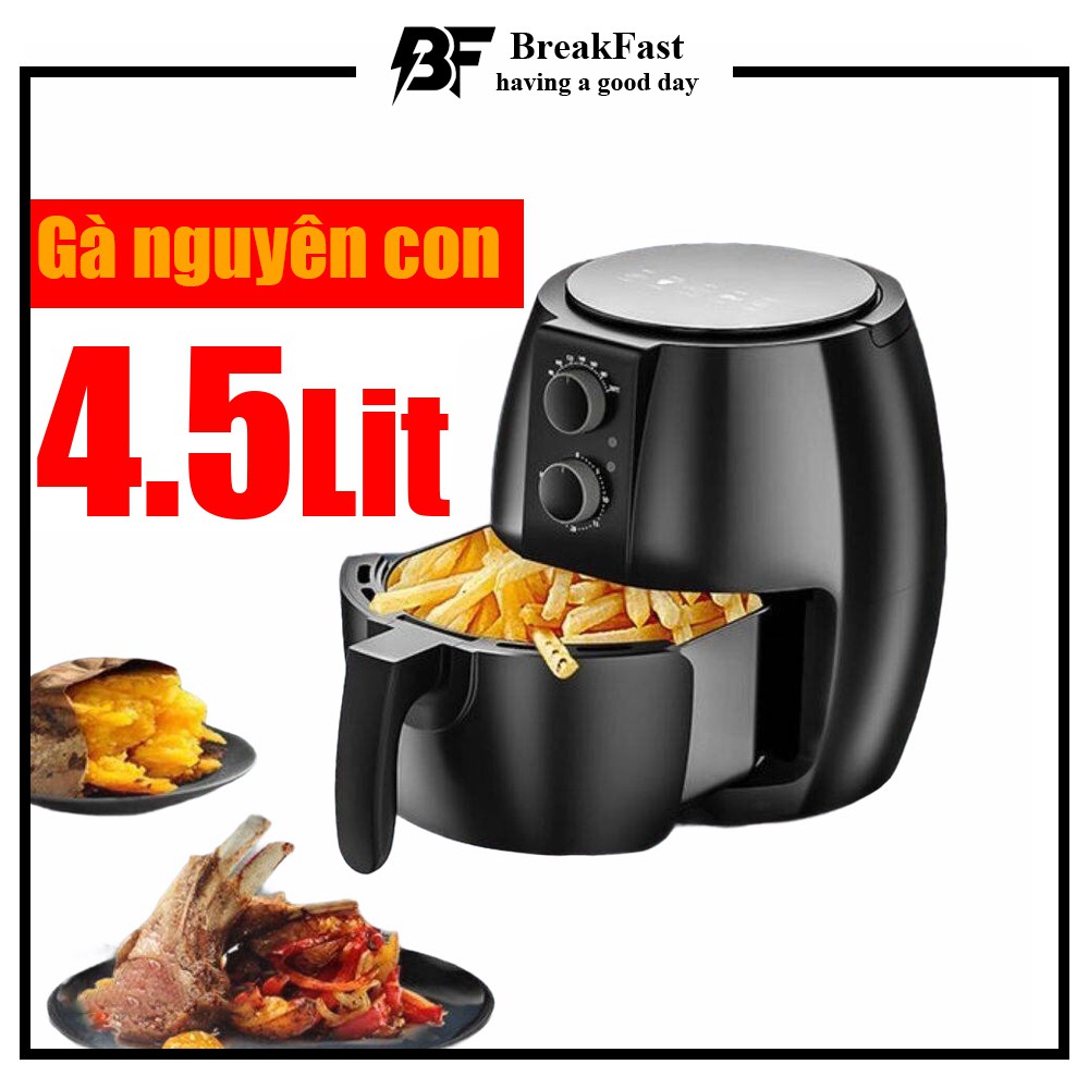 Nồi chiên không dầu dung tích lớn 4.5Lit, Thiết kế vỏ cải tiến 2 lớp giảm toả nhiệt, chạy cực êm, tiết kiệm điện